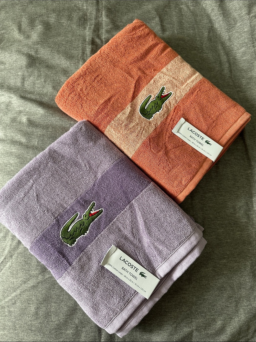 Lacoste Orange and Lavender Bath Towels with Crocodile Logo